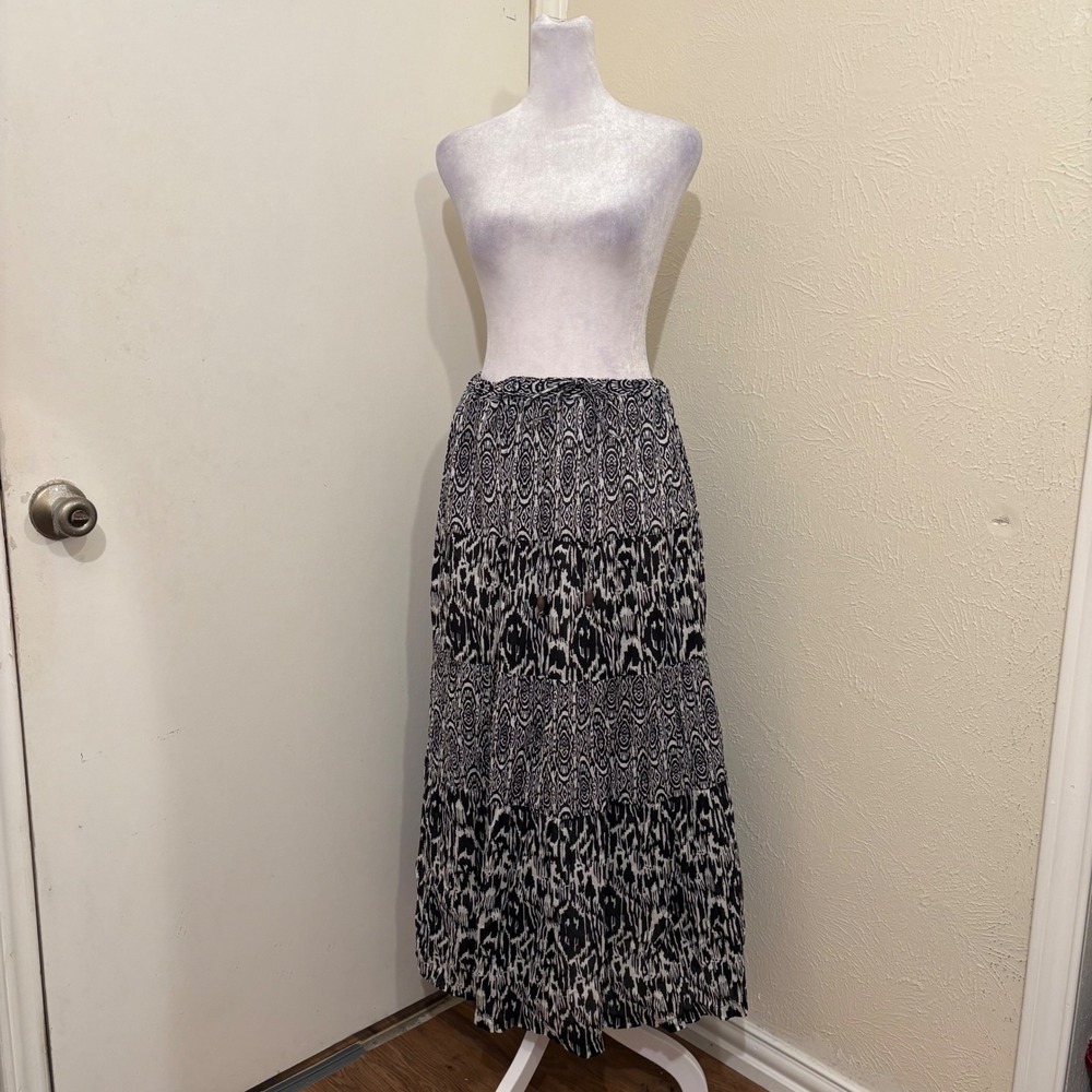 Faded Glory Black White Ikat Tiered Maxi Skirt Cotton Elastic‎ Drawstring XL